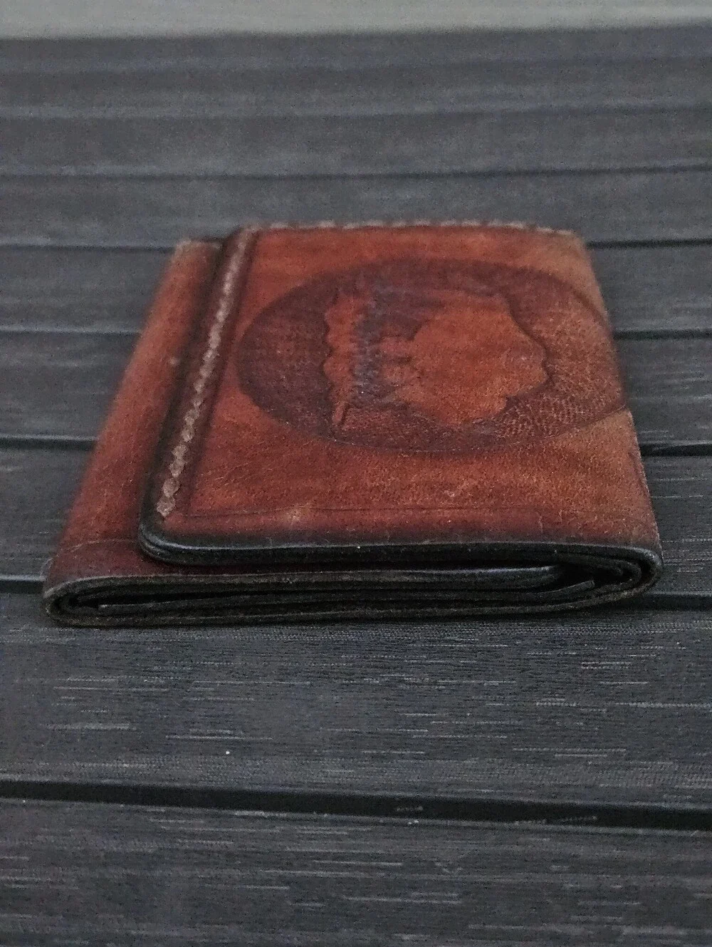 Vintage Mens Leather Trifold Wallet Tooled Bison Buffalo Western Cowboy Rustic